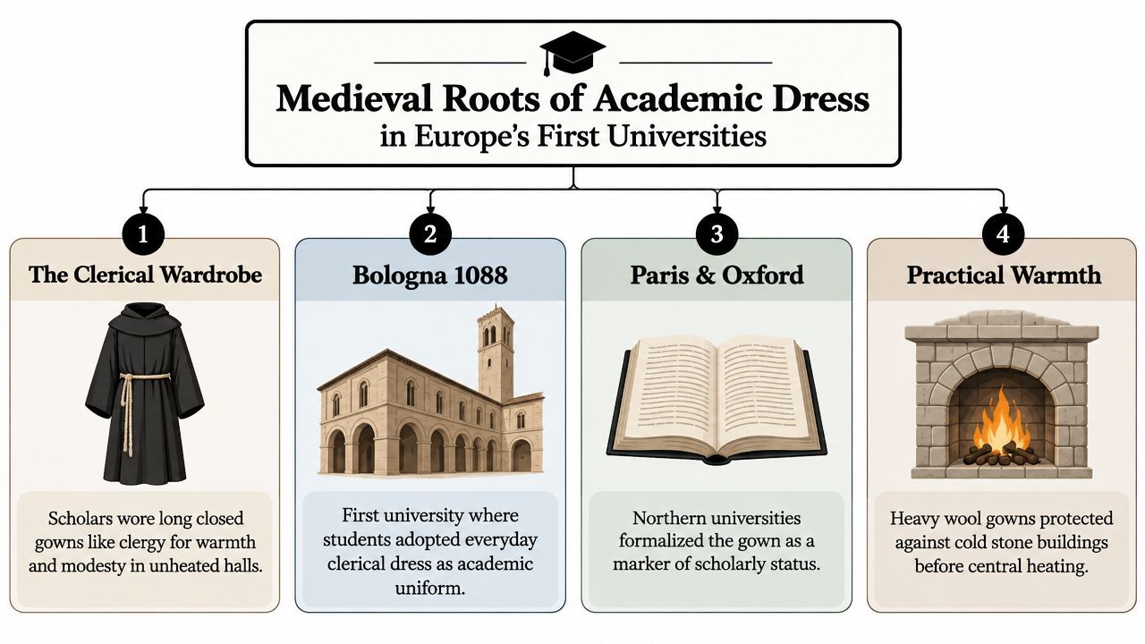 An infographic detailing the medieval origins of academic dress, including clerical influence, universities, and practical design.