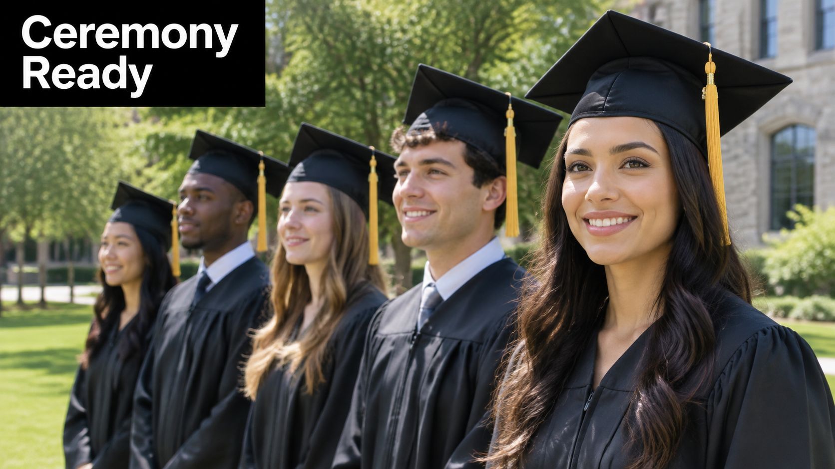 A group of happy diverse college students wearing caps and gowns standing together for a graduation portrait.