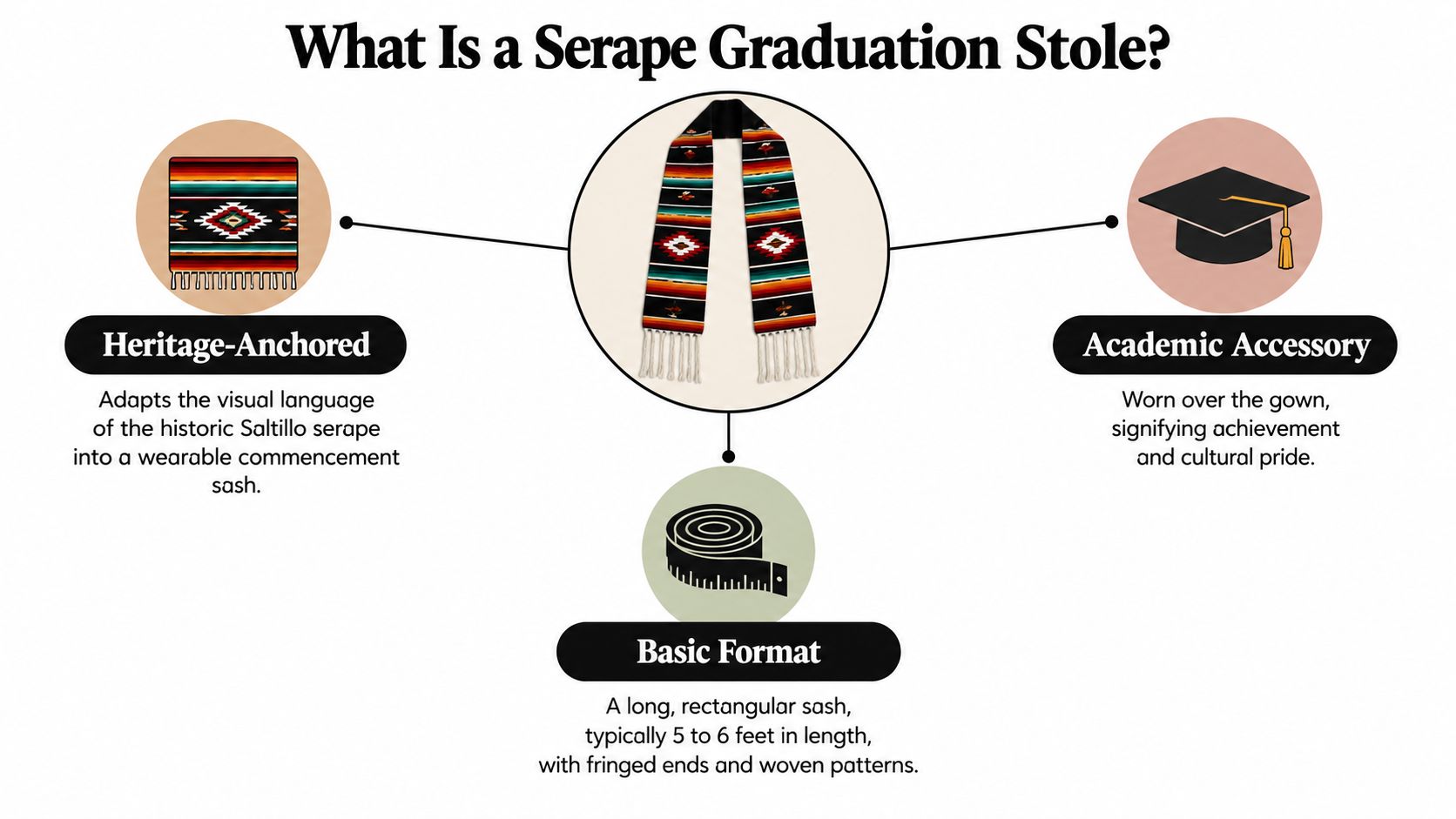 A diagram explaining the features of a serape graduation stole, highlighting its cultural heritage and academic use.