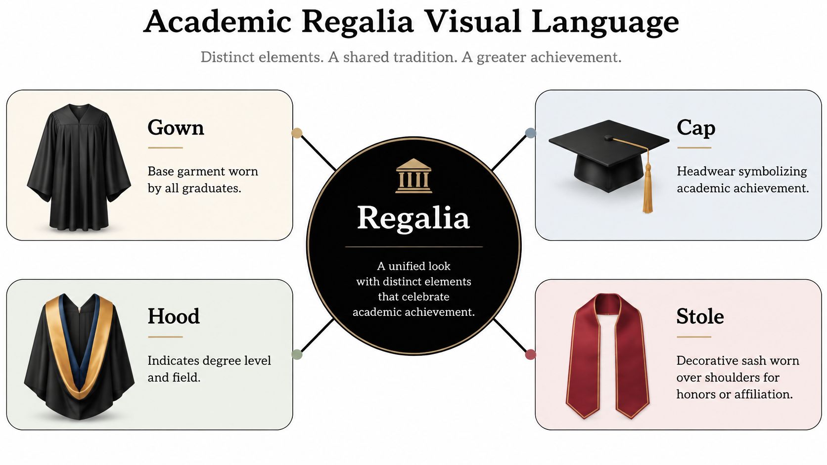 A diagram explaining the components of academic regalia, including the gown, cap, hood, and graduation stole.