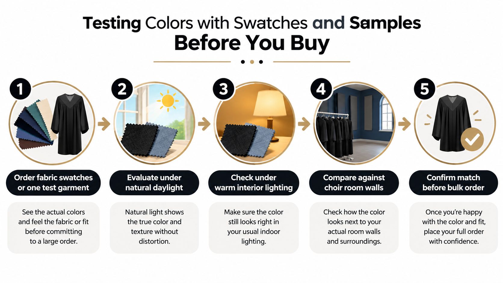 A five-step infographic showing how to test choir robe fabric colors before ordering in bulk.