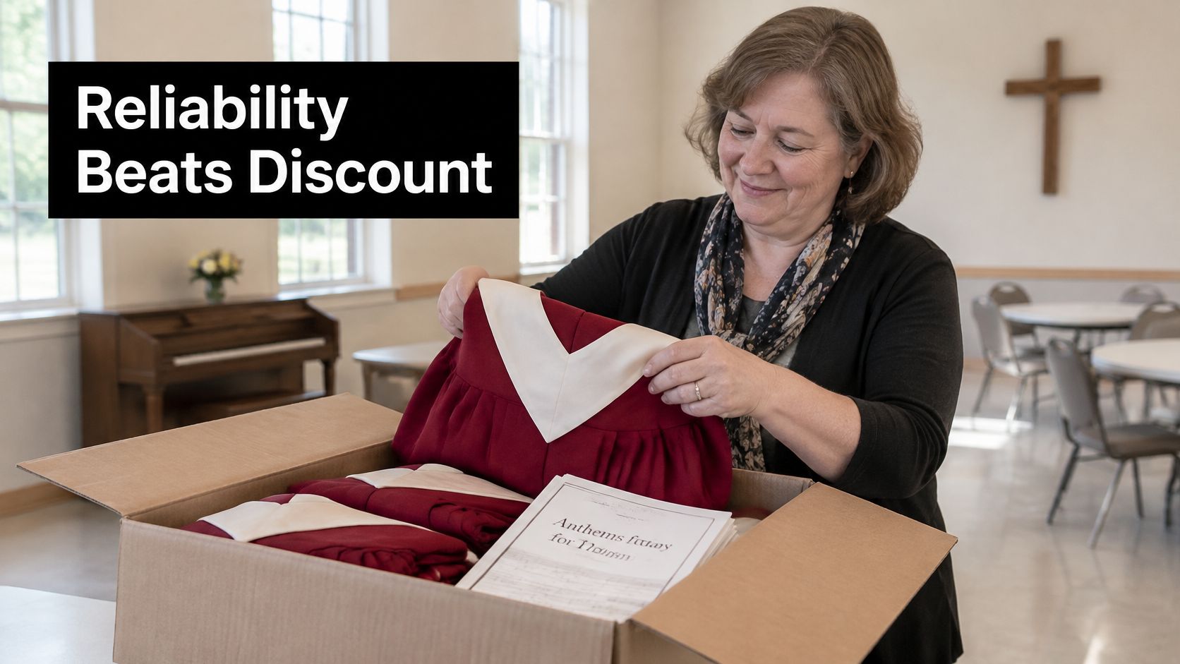 A woman smiling as she unpacks new choir robes from a shipping box in a church hall.