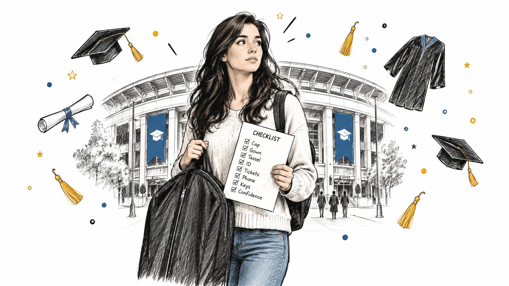 A young female student holds a graduation checklist in front of a university campus building with academic regalia.