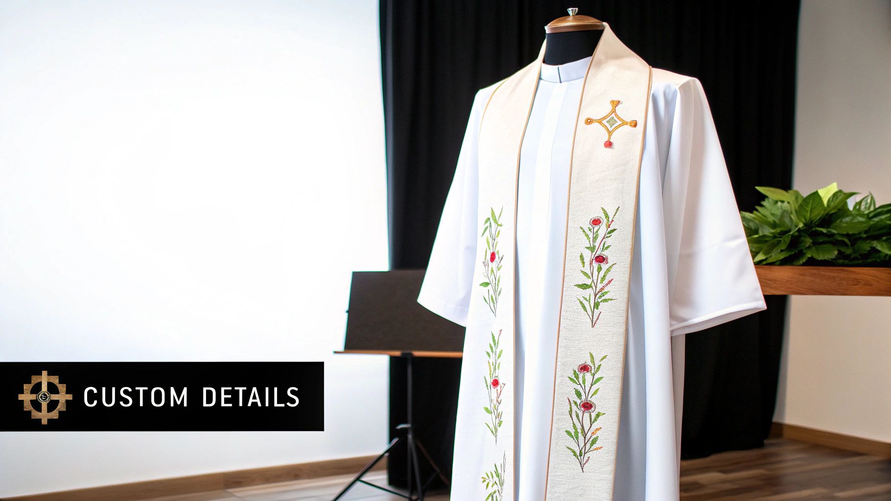 White clergy robe with an embroidered stole featuring floral and cross designs on a mannequin.