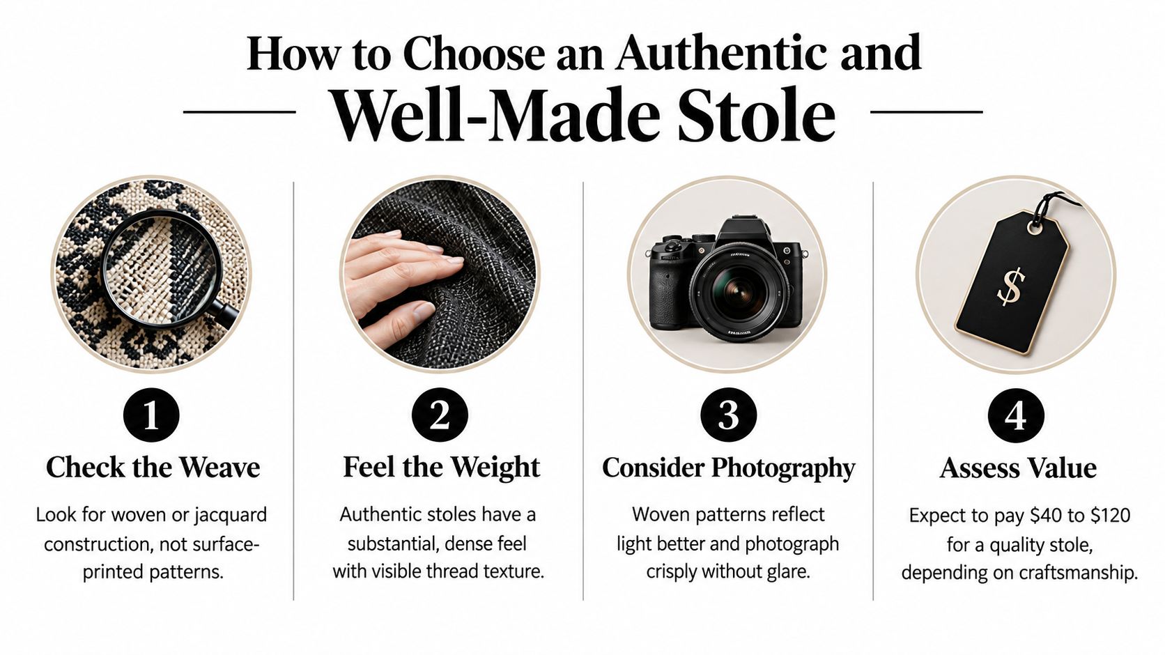 An educational infographic outlining four key steps to identify an authentic and high-quality graduation stole.