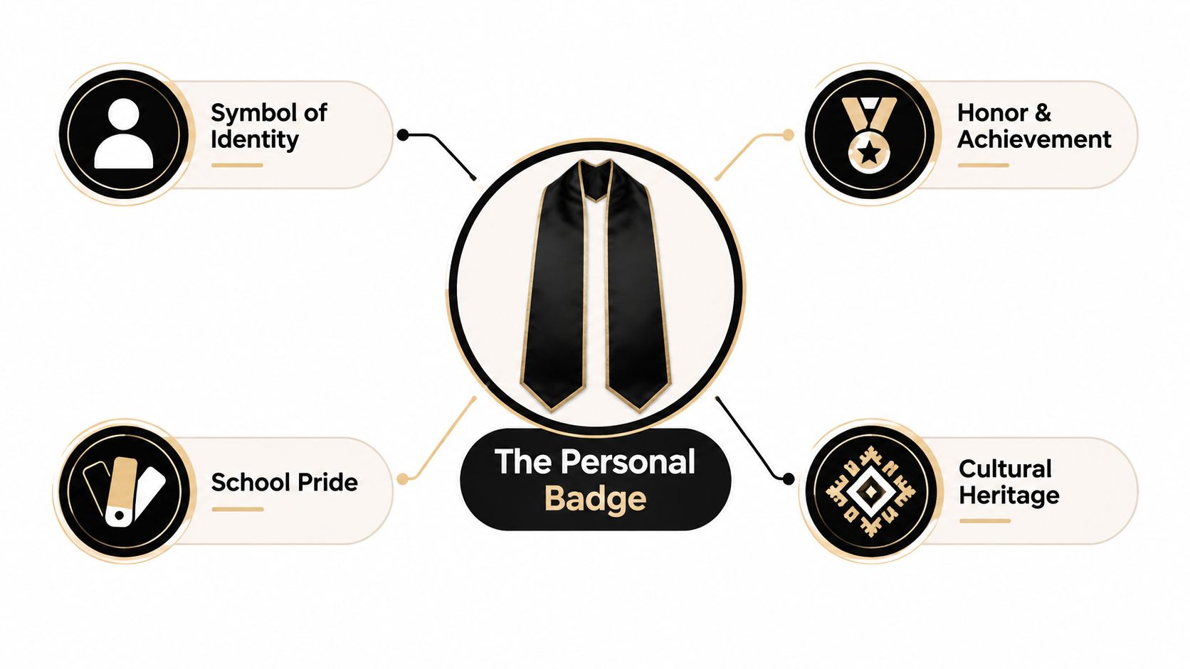 A diagram illustrating the four symbolic meanings of a graduation stole: identity, achievement, school pride, and culture.