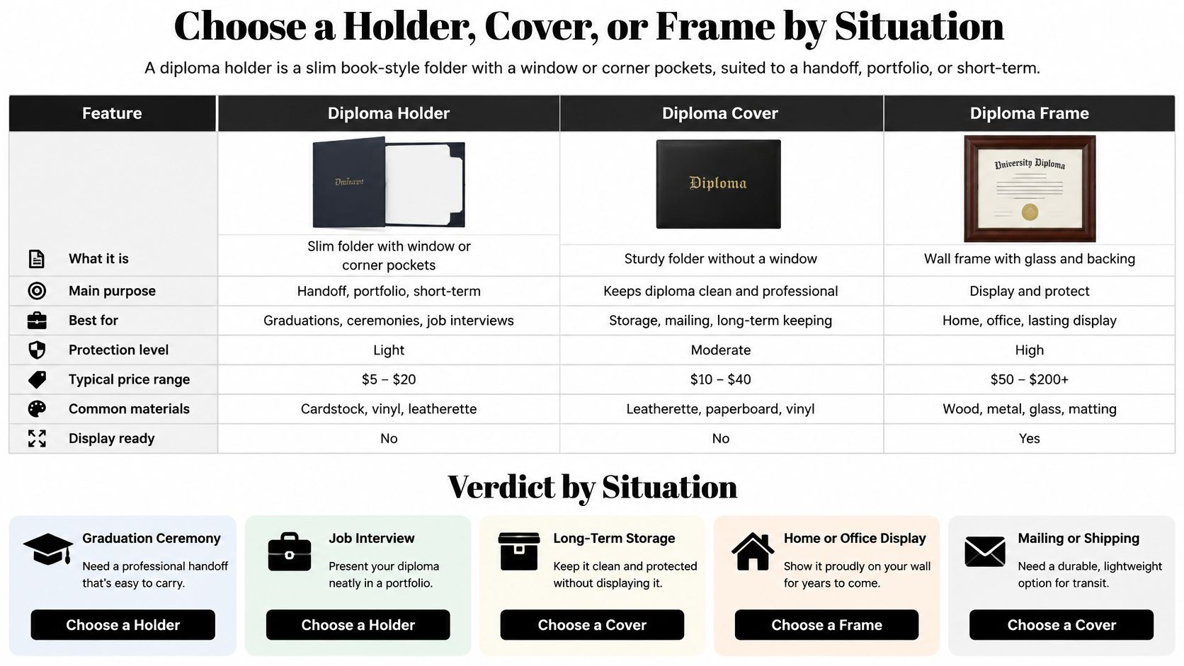 A comparison chart outlining differences between diploma holders, covers, and frames for graduation, storage, and display purposes.