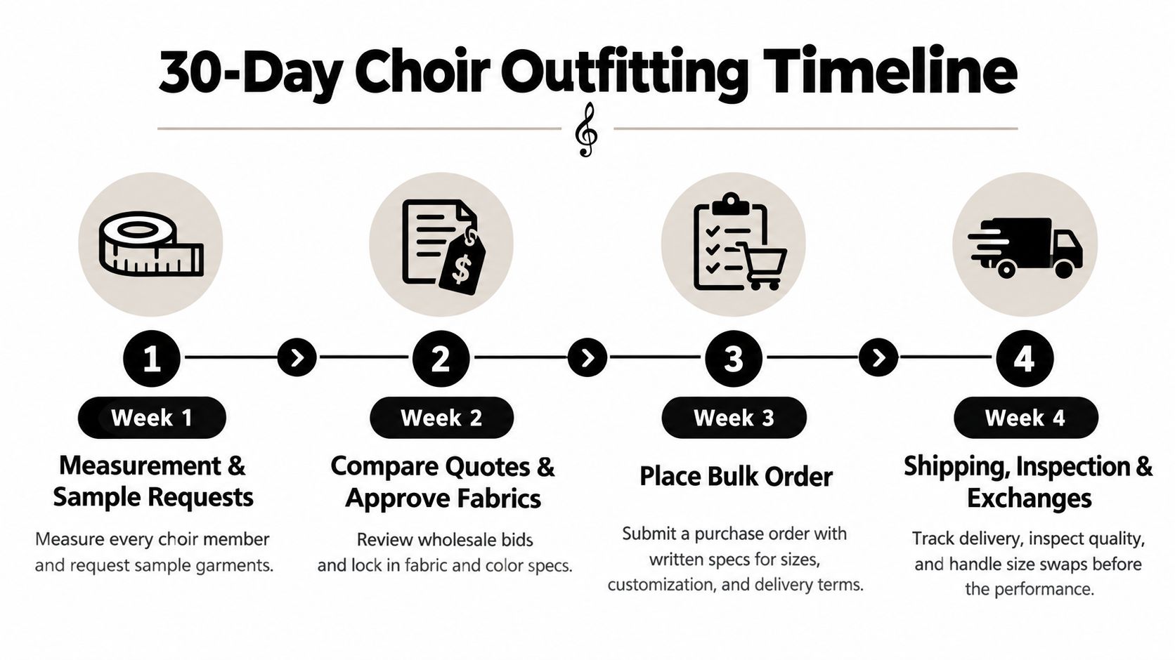 A 30-day timeline chart outlining steps for planning and ordering custom choir outfits for church groups.
