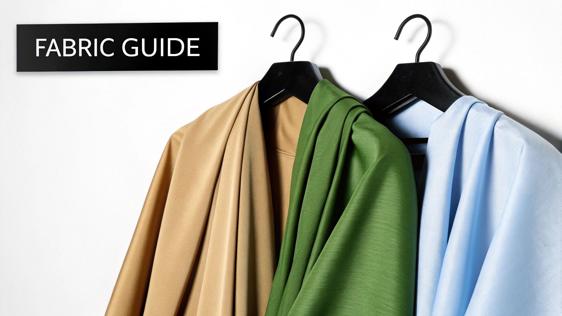 Three colorful fabric swatches in beige, green, and light blue on hangers with a 'Fabric Guide' sign.