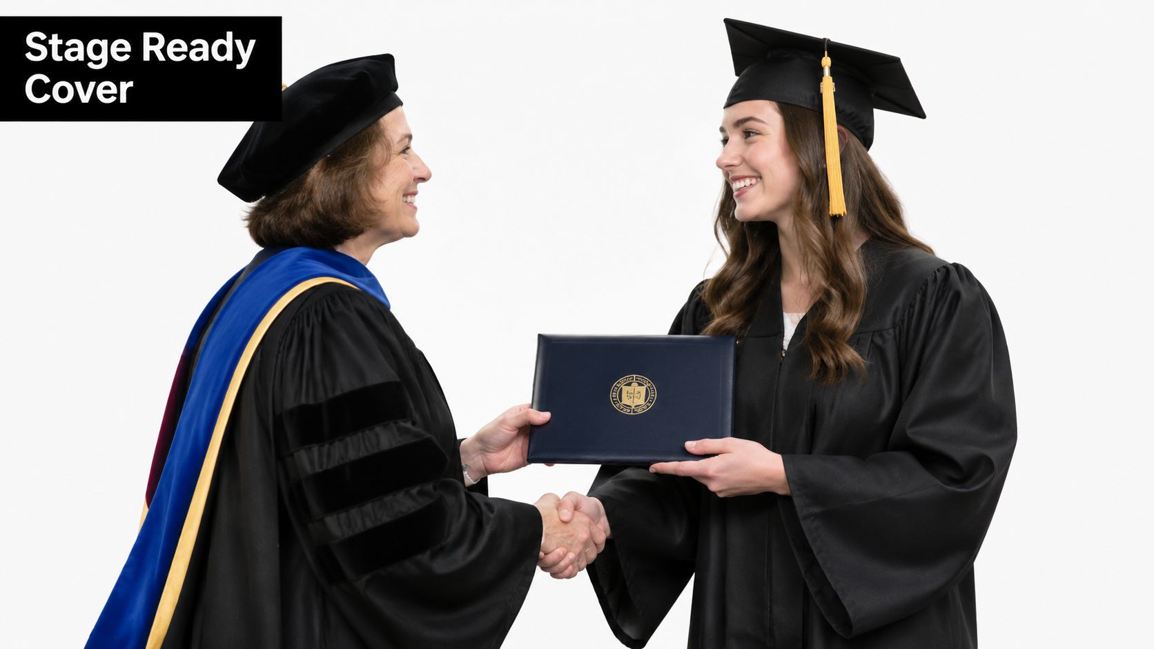A professor hands a blue graduation diploma cover to a smiling female student during a ceremony.