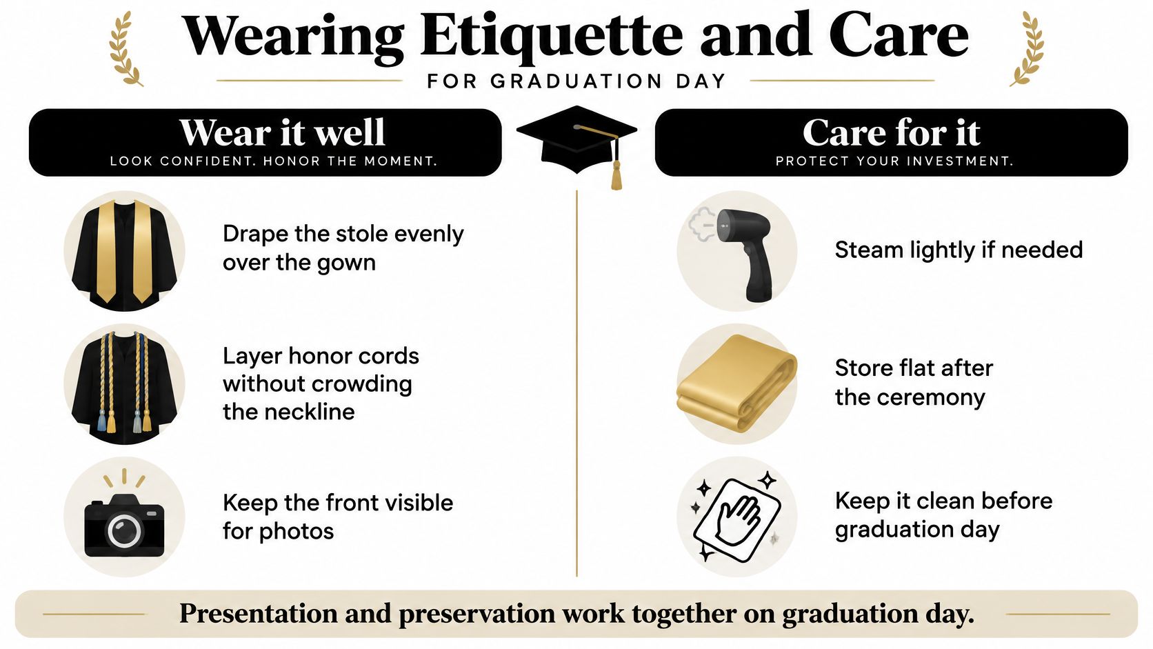 An infographic titled Wearing Etiquette and Care for Graduation Day offering tips on wearing and preserving regalia.