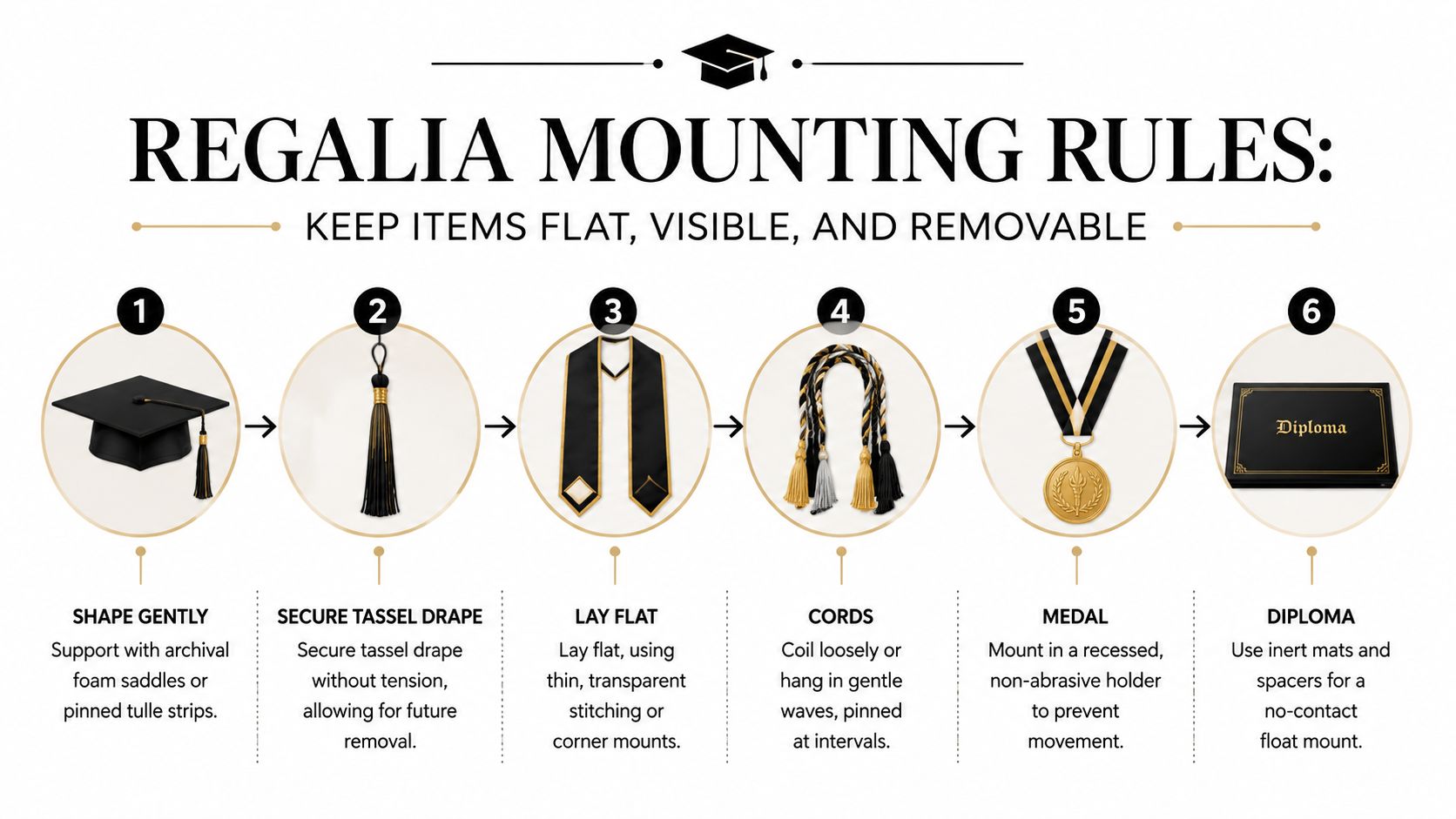 A six-step infographic showing how to properly mount and display graduation regalia in a frame.