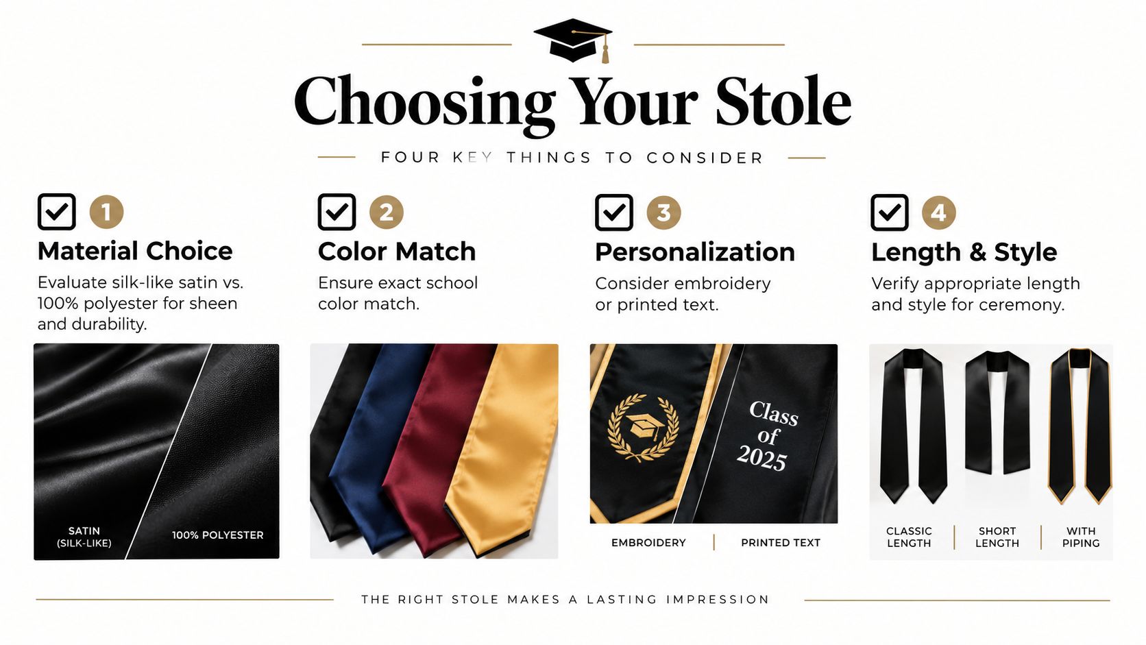 An infographic titled Choosing Your Stole listing four key steps for selecting graduation stoles for students.
