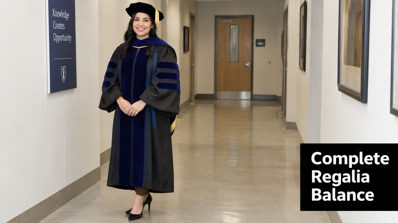 A woman smiling while wearing a black doctoral graduation gown with a velvet hood and tam.