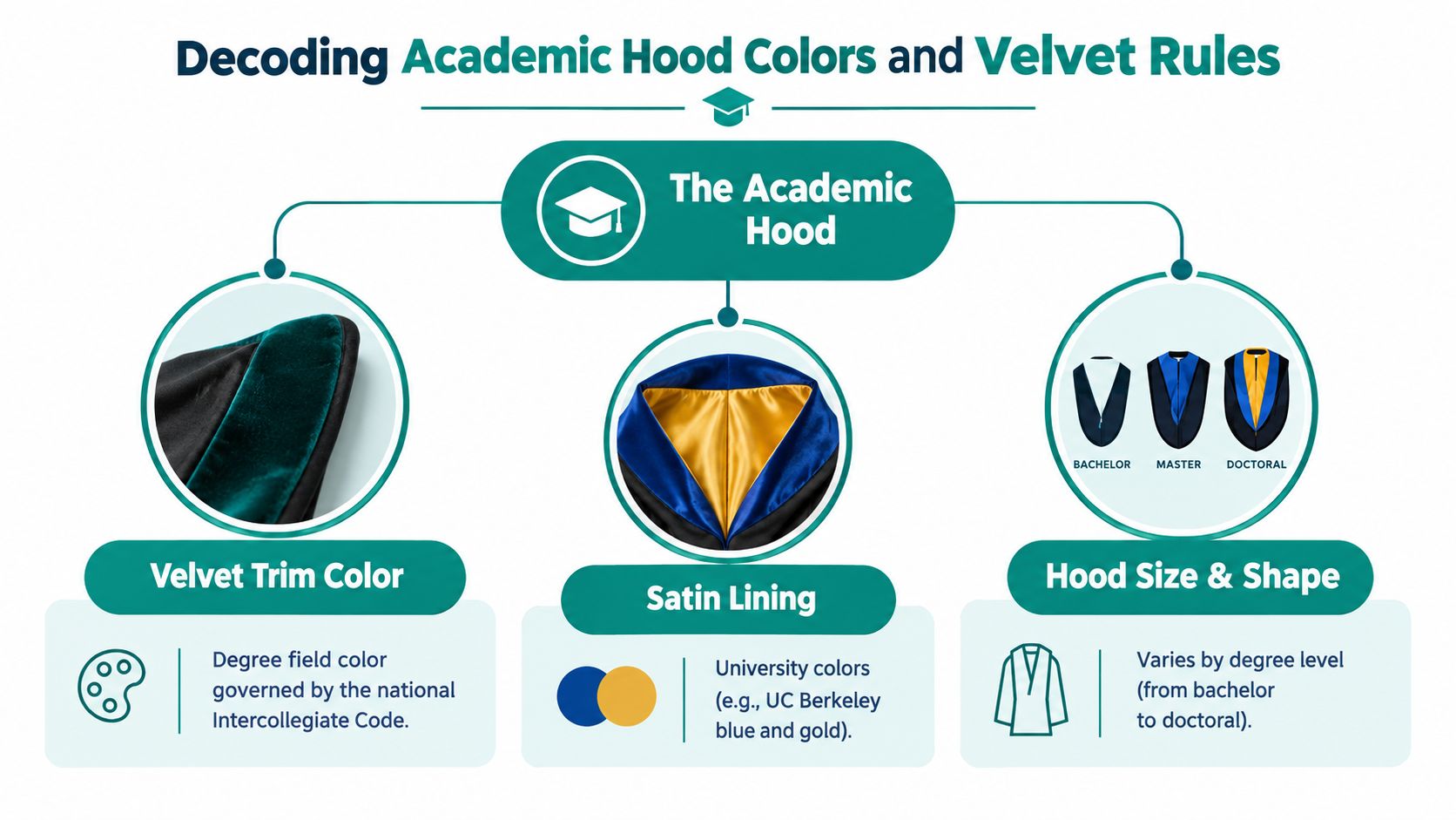 An infographic titled Decoding Academic Hood Colors and Velvet Rules explaining parts of academic graduation regalia.