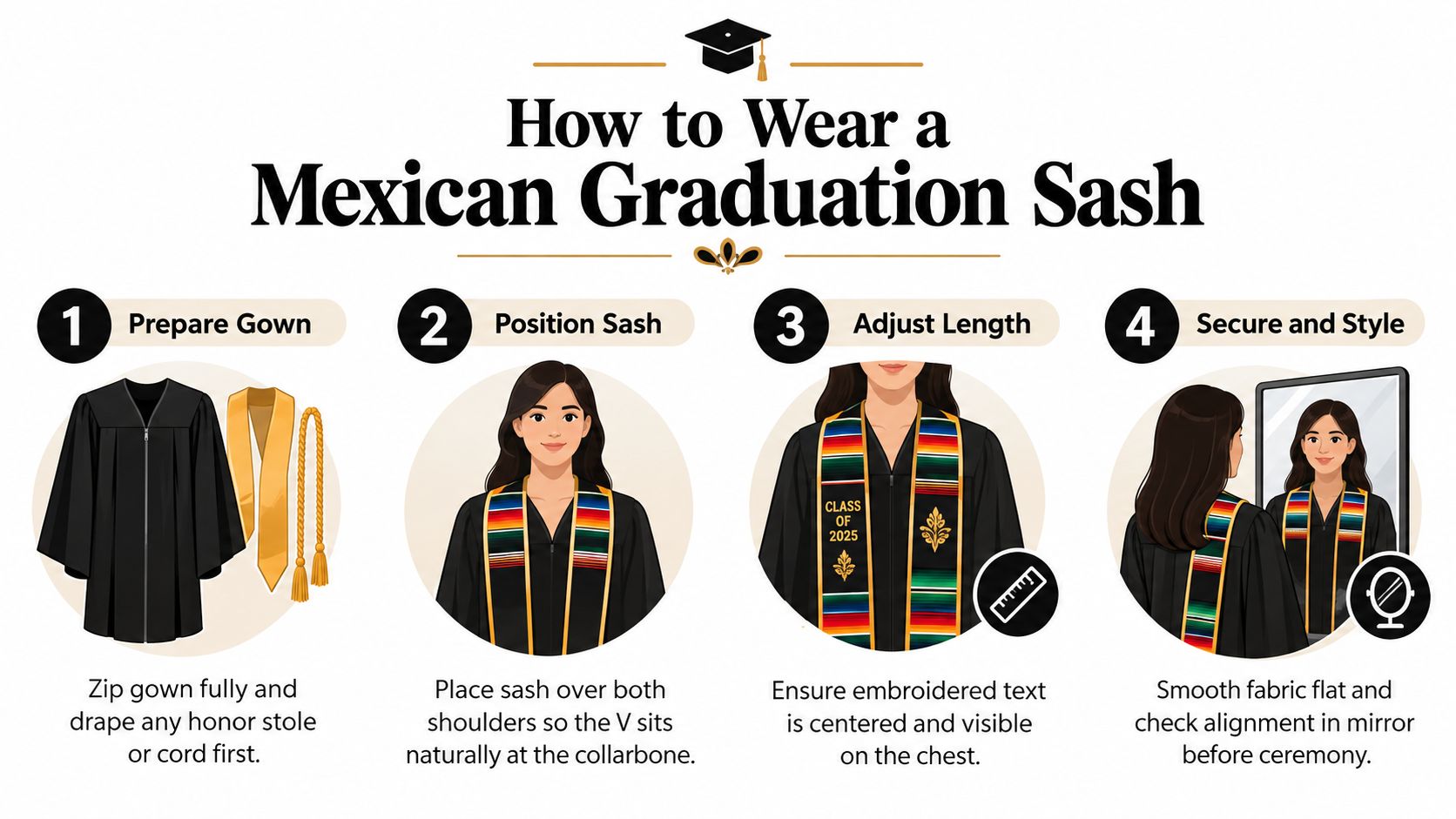A four-step instructional graphic showing a student how to wear a Mexican graduation sash over a gown.