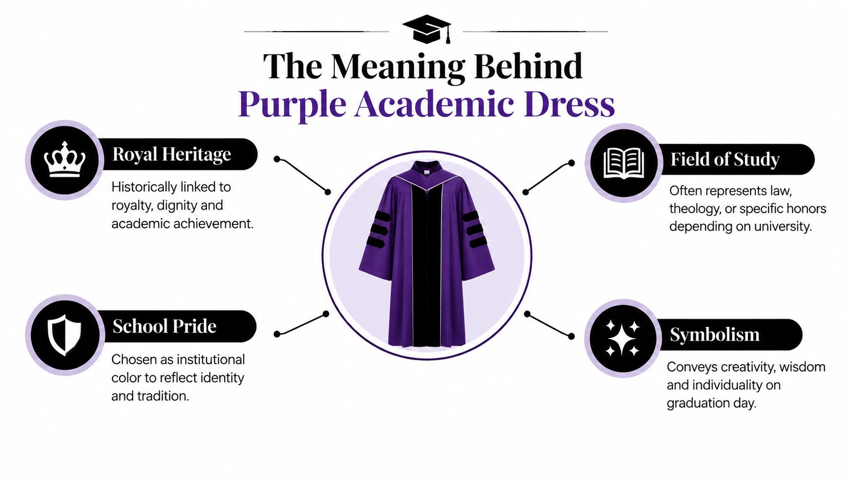 An infographic titled The Meaning Behind Purple Academic Dress with icons explaining royalty, studies, school pride, and symbolism.