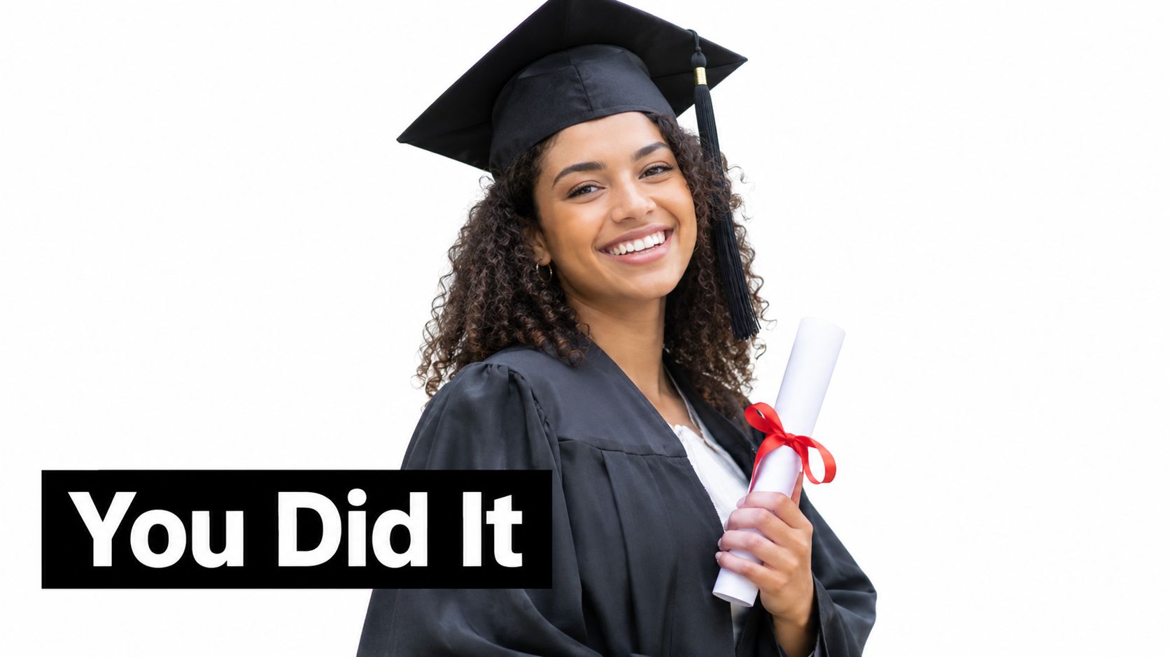 A happy young woman in a black graduation cap and gown holding a diploma in her hand.