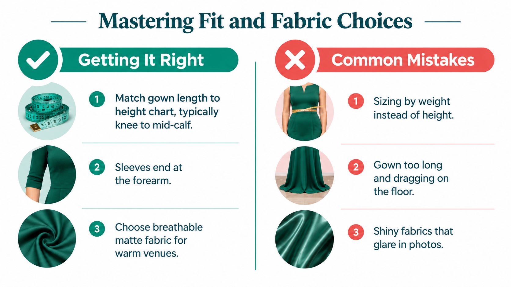 An infographic titled Mastering Fit and Fabric Choices showing tips for selecting graduation gowns and common mistakes.