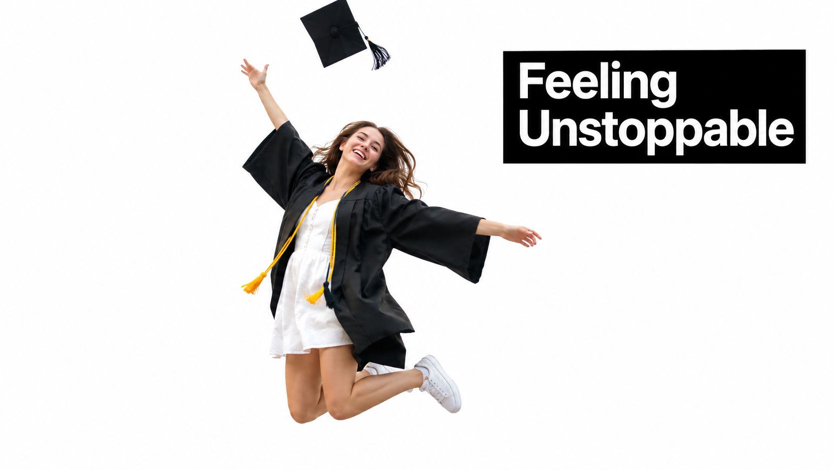 A joyful female graduate in a cap and gown leaping in the air against a white background.