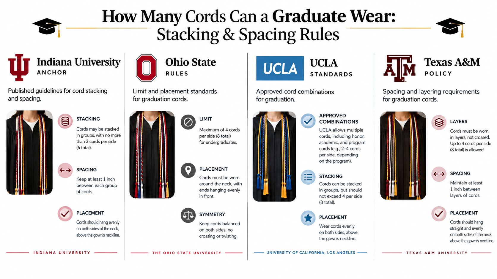 A guide comparing graduation cord stacking and spacing rules for Indiana University, Ohio State, UCLA, and Texas A&M.