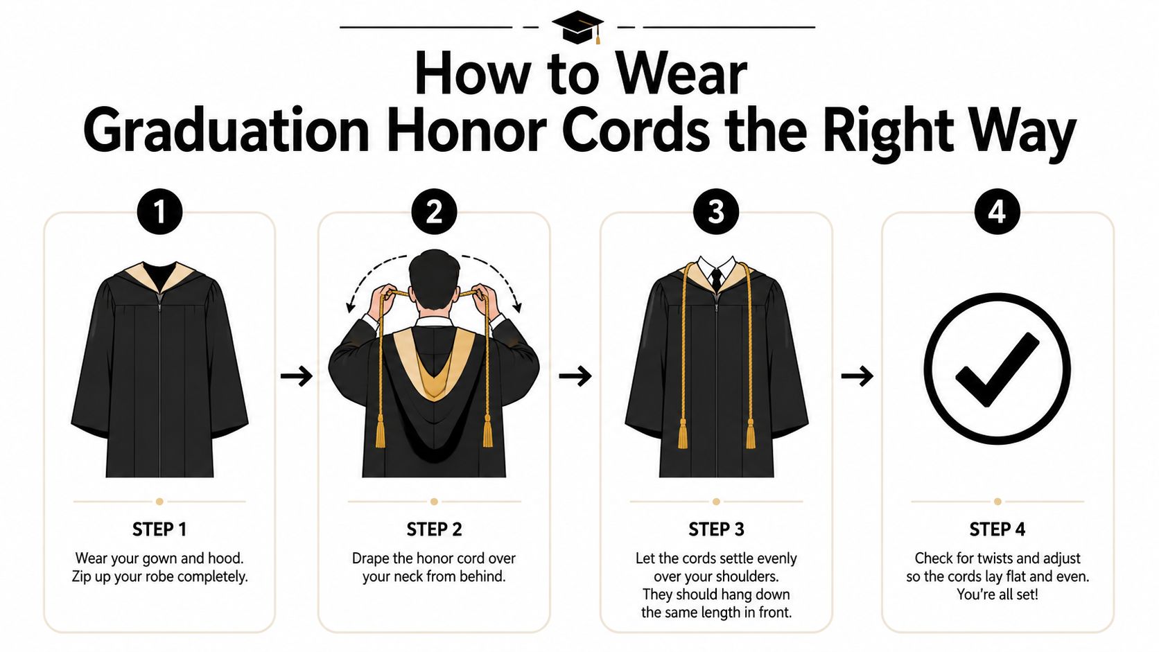 A four-step instructional infographic explaining how to properly wear graduation honor cords over a cap and gown.
