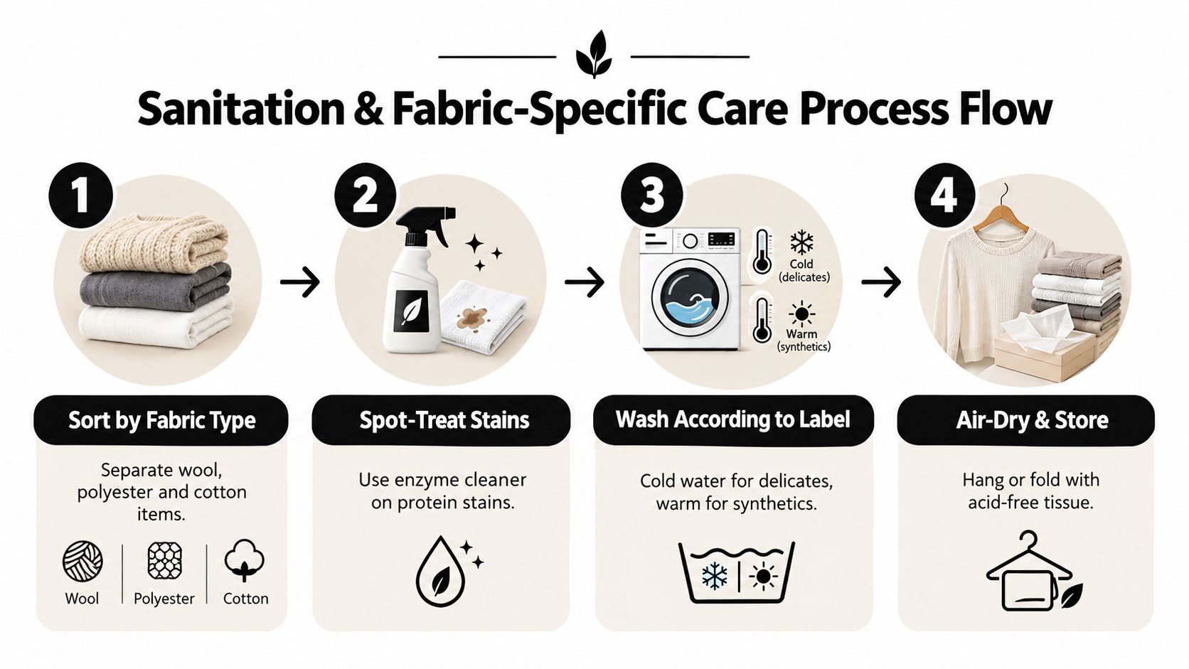 A four-step infographic illustrating the sanitation and fabric care process for clothing items like choir robes.