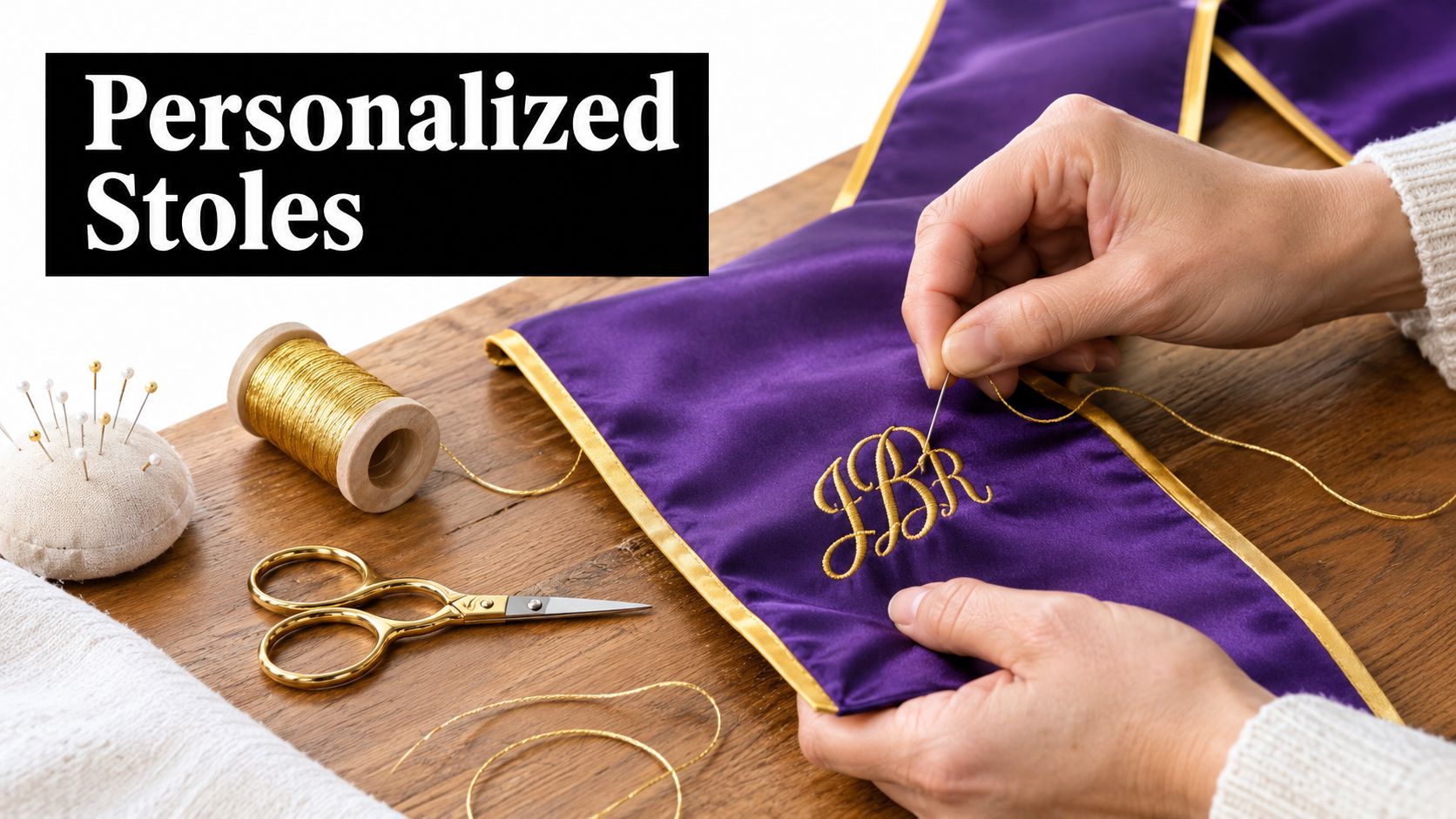 A person hand-embroidering a purple stole with golden thread on a wooden craft table with sewing supplies.