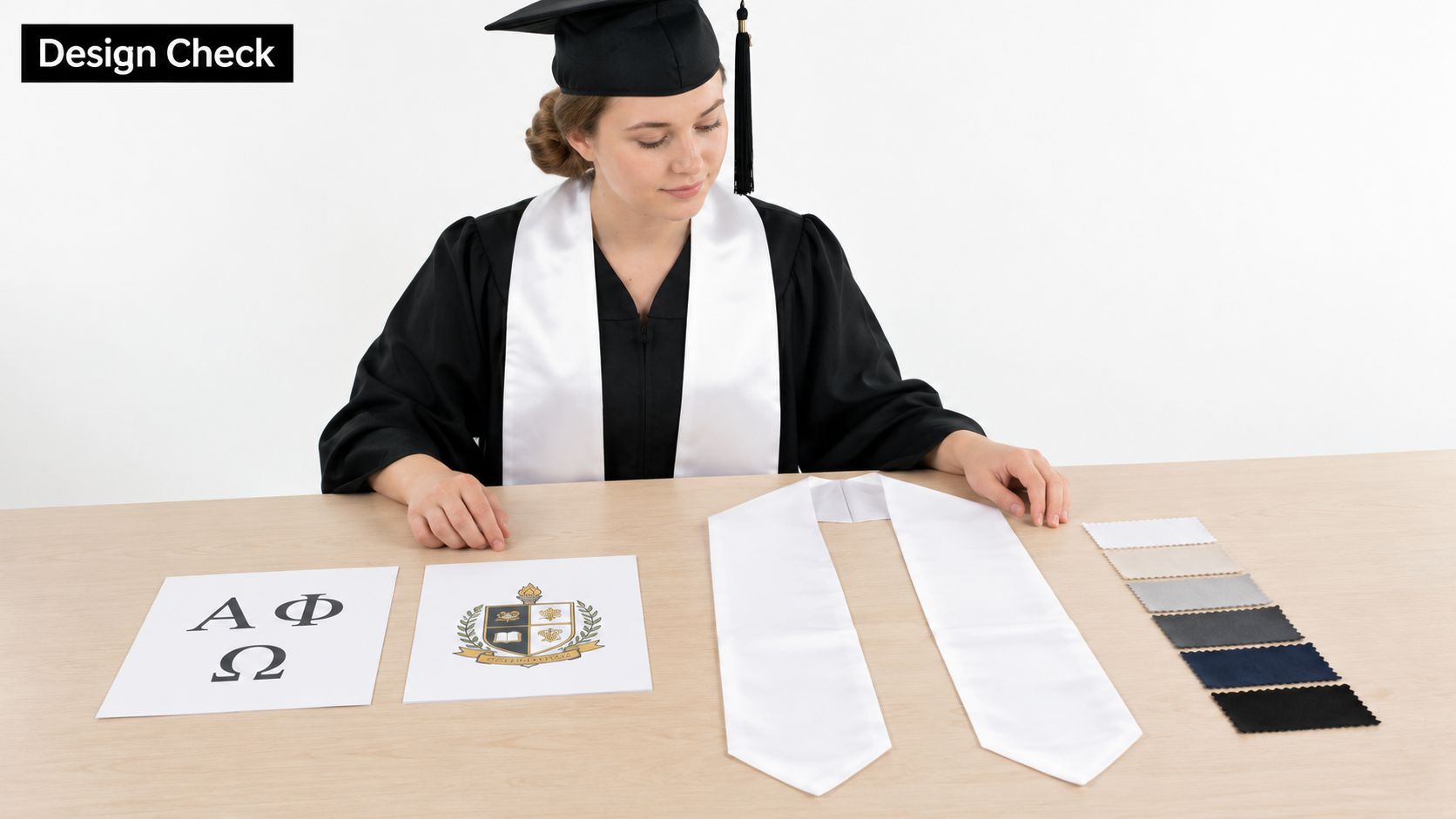 A student in a graduation gown examining custom stole design options and fabric swatches on a table.