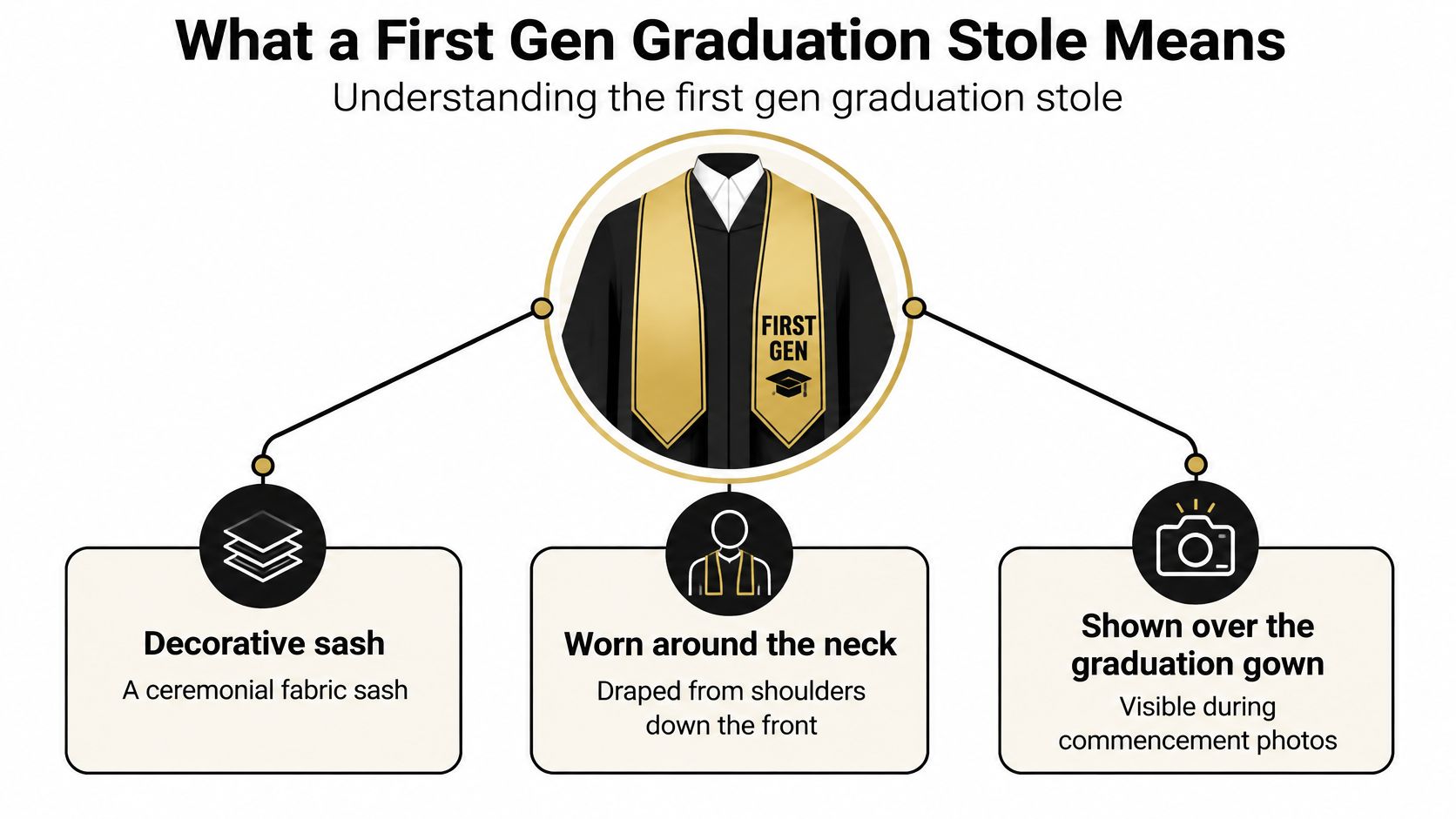 An infographic explaining that a first gen graduation stole is a decorative sash worn during ceremonies.