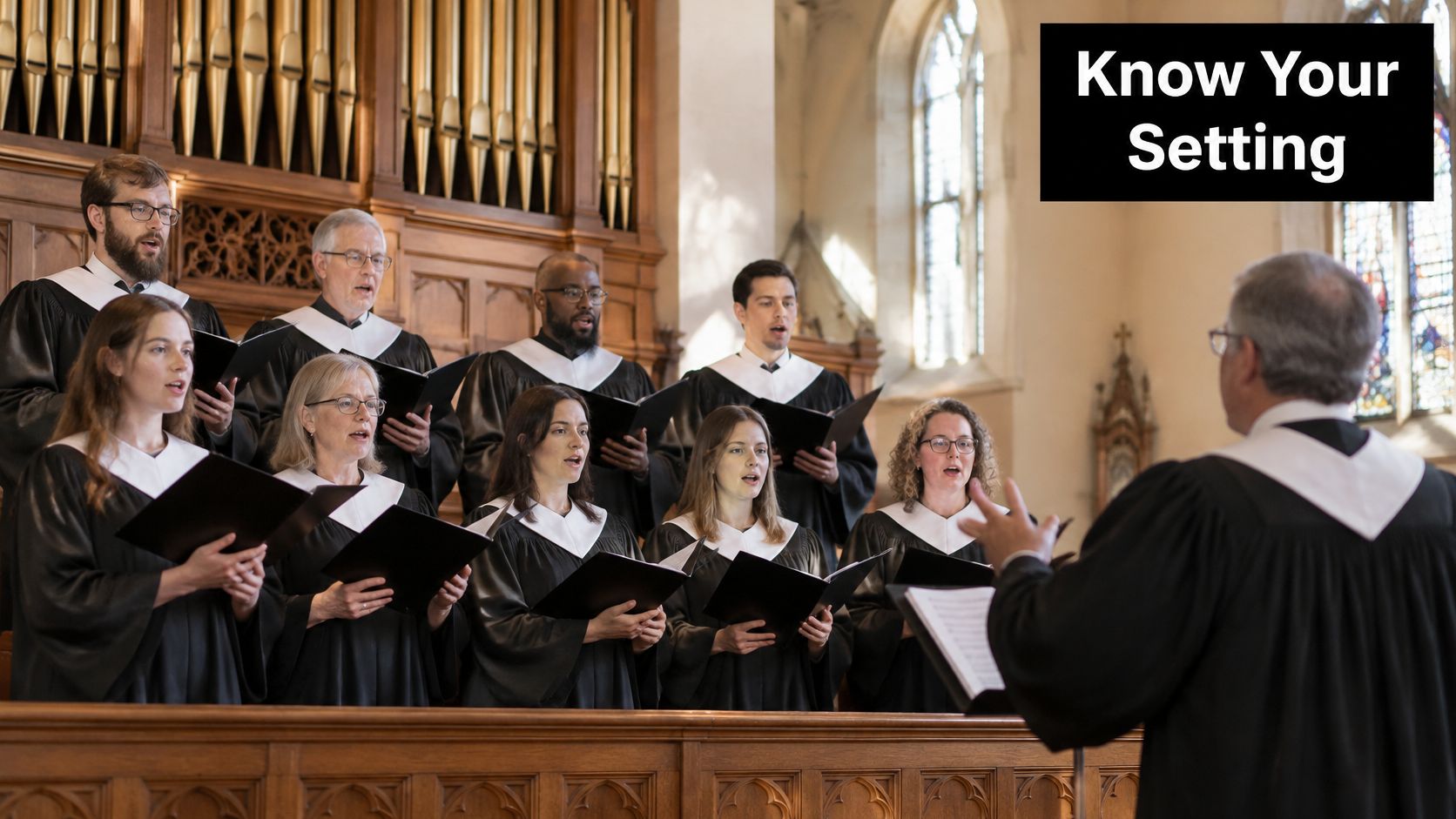 A diverse church choir wearing black robes and white stoles, singing while standing in front of pipes.