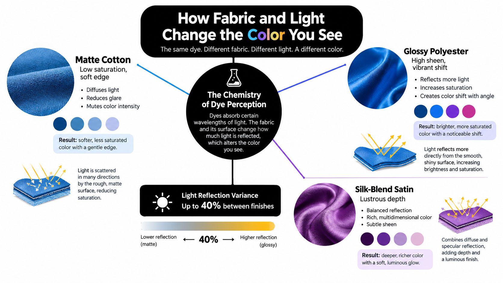 An educational infographic explaining how different fabric types and light reflection affect the color perception of dyes.