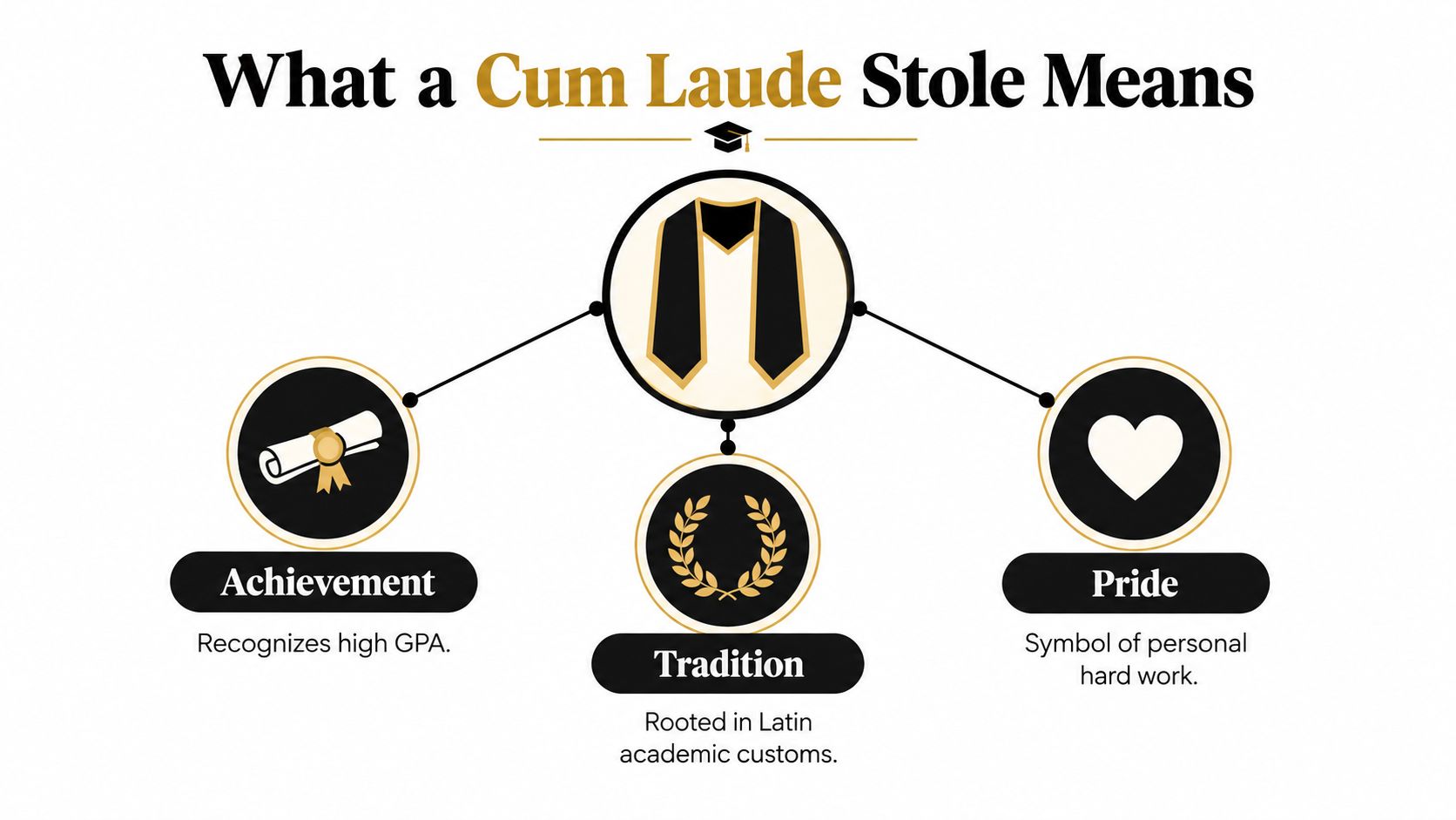 An infographic titled What a Cum Laude Stole Means explaining it represents achievement, tradition, and personal pride.