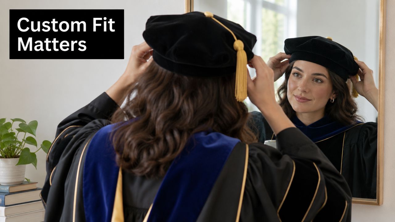 A woman wearing a doctoral graduation tam and robe while adjusting it in front of a mirror.