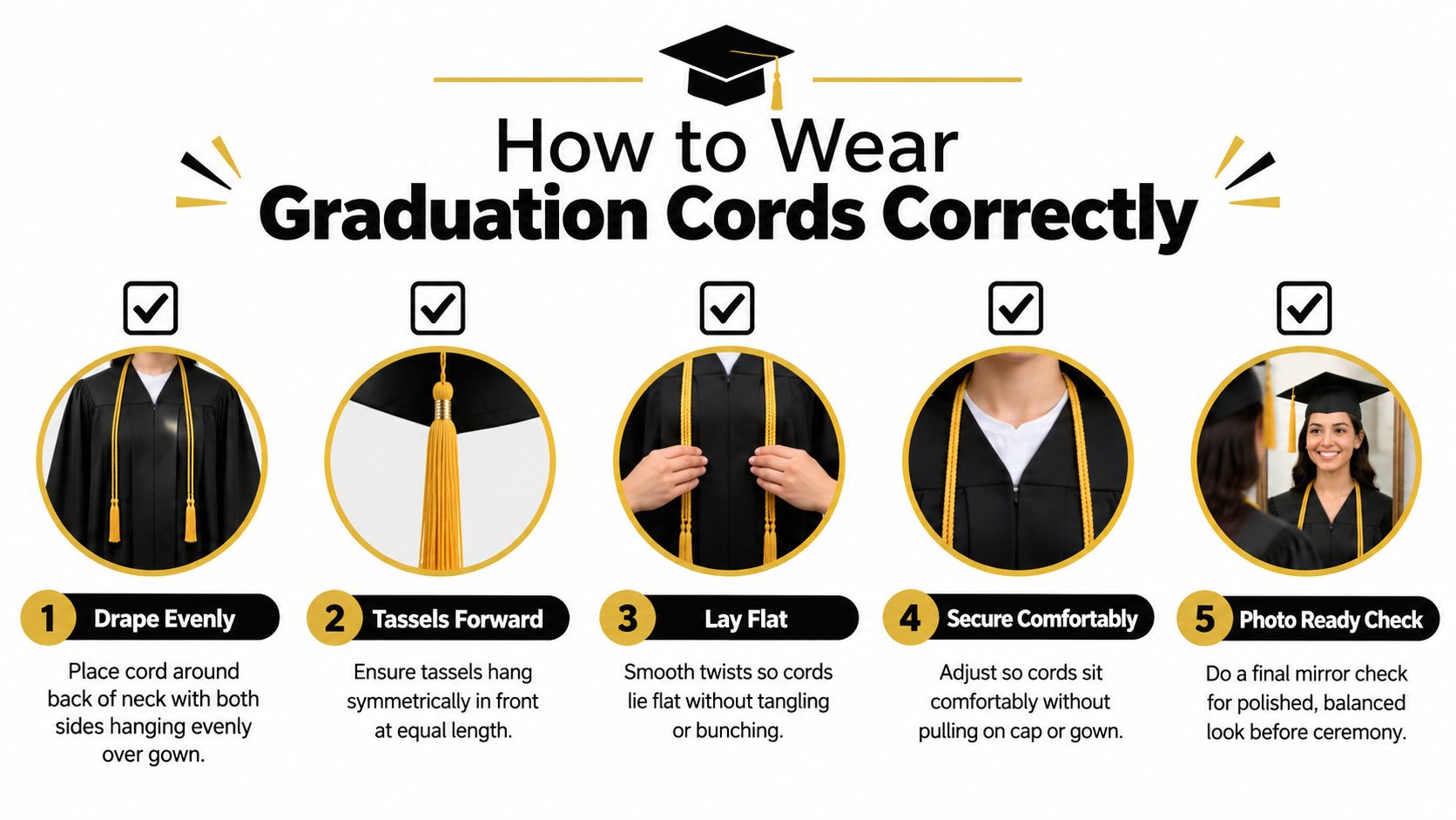 A step-by-step infographic showing how to wear high school graduation cords correctly over a black gown.
