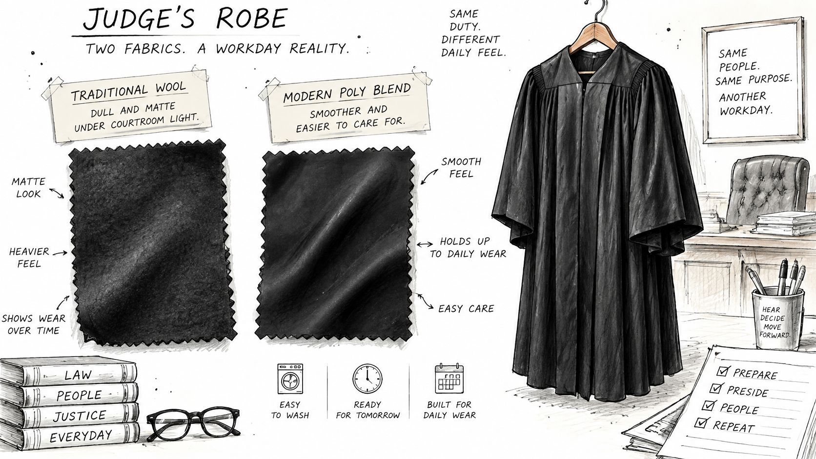 An educational illustration comparing traditional wool and modern poly blend fabrics for professional judge robes.