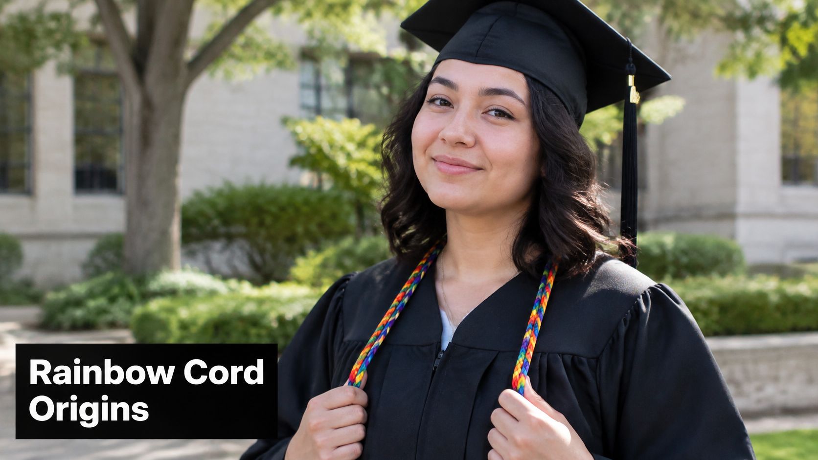 A happy young woman wearing a graduation cap and gown with a rainbow honor cord around her neck.