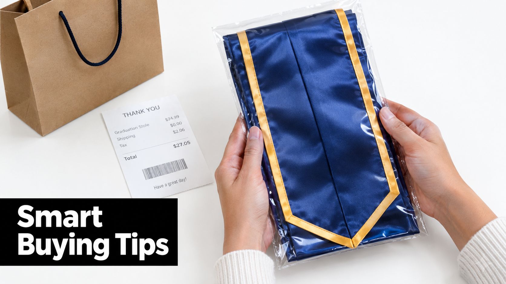 A person holds a new blue and gold graduation stole in plastic packaging next to a receipt.