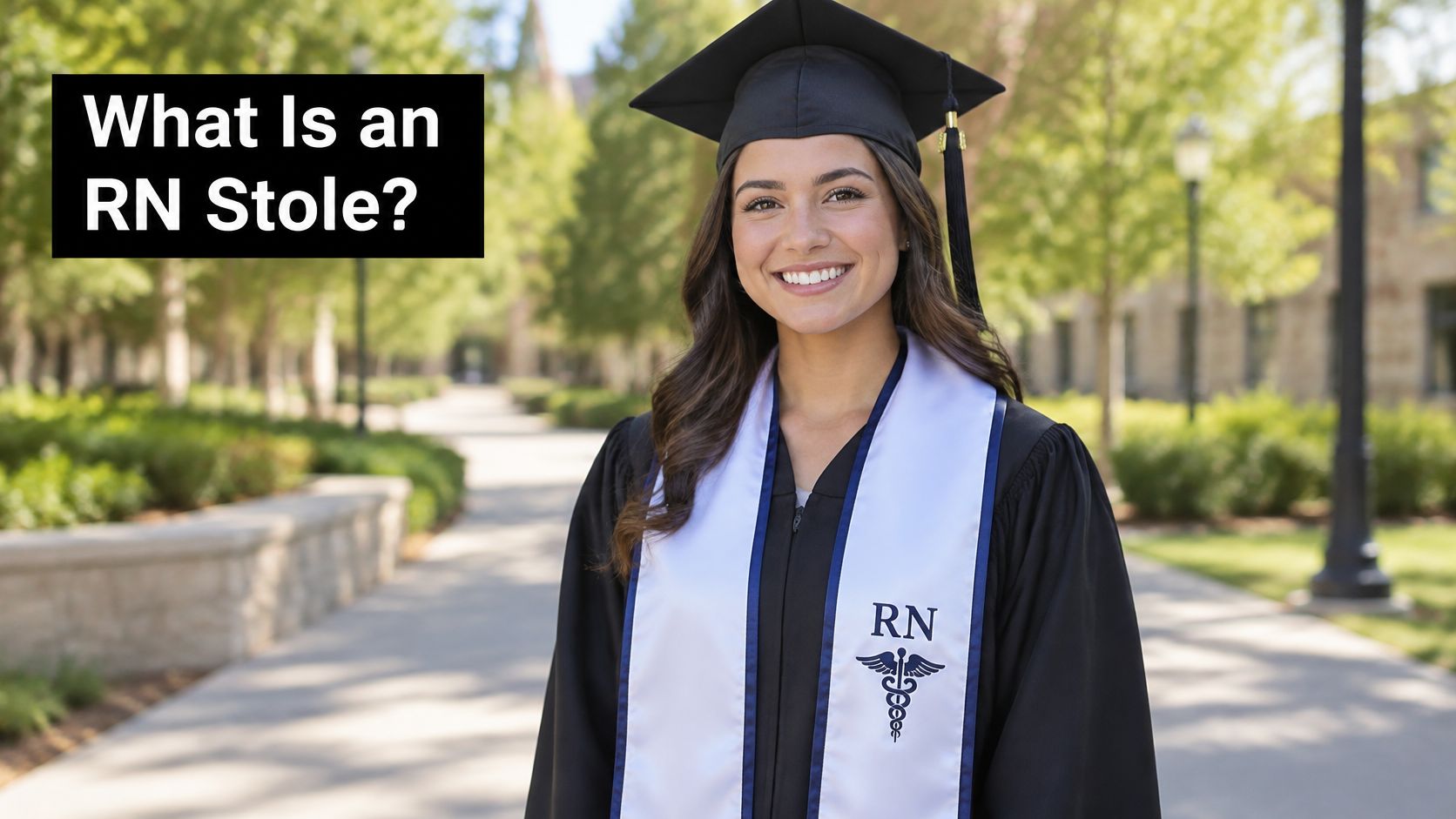 A female nursing graduate wearing a white graduation stole with RN lettering and a caduceus symbol.