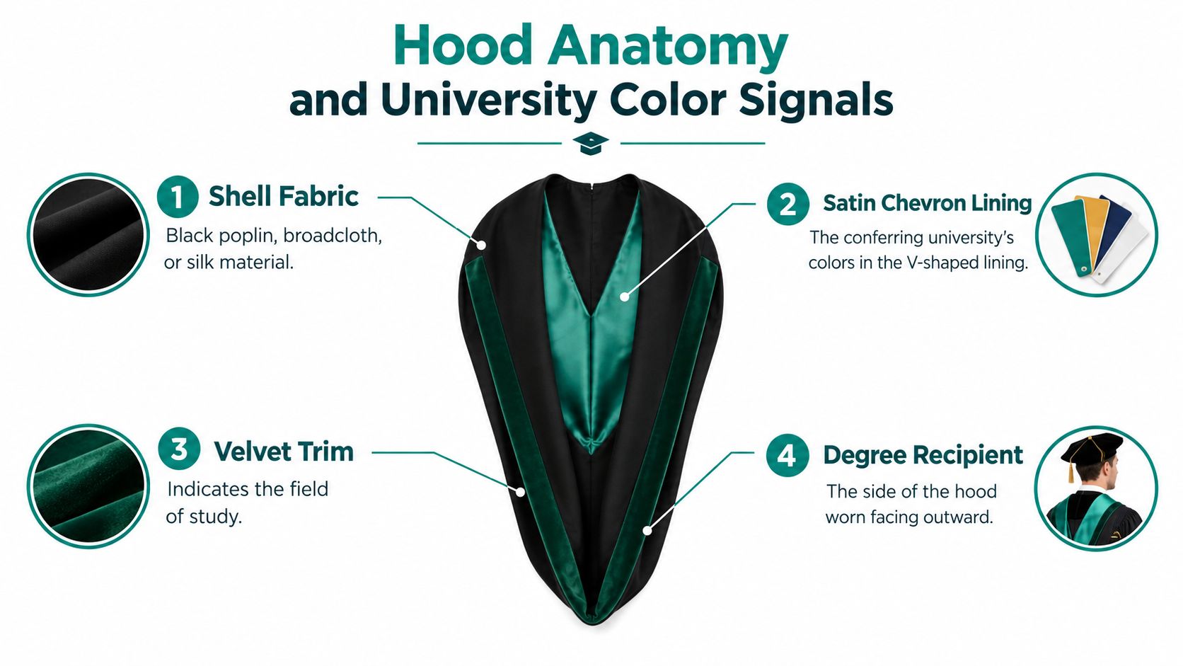 An educational infographic labeling the different components of doctoral graduation regalia hoods, including fabric, lining, and trim.