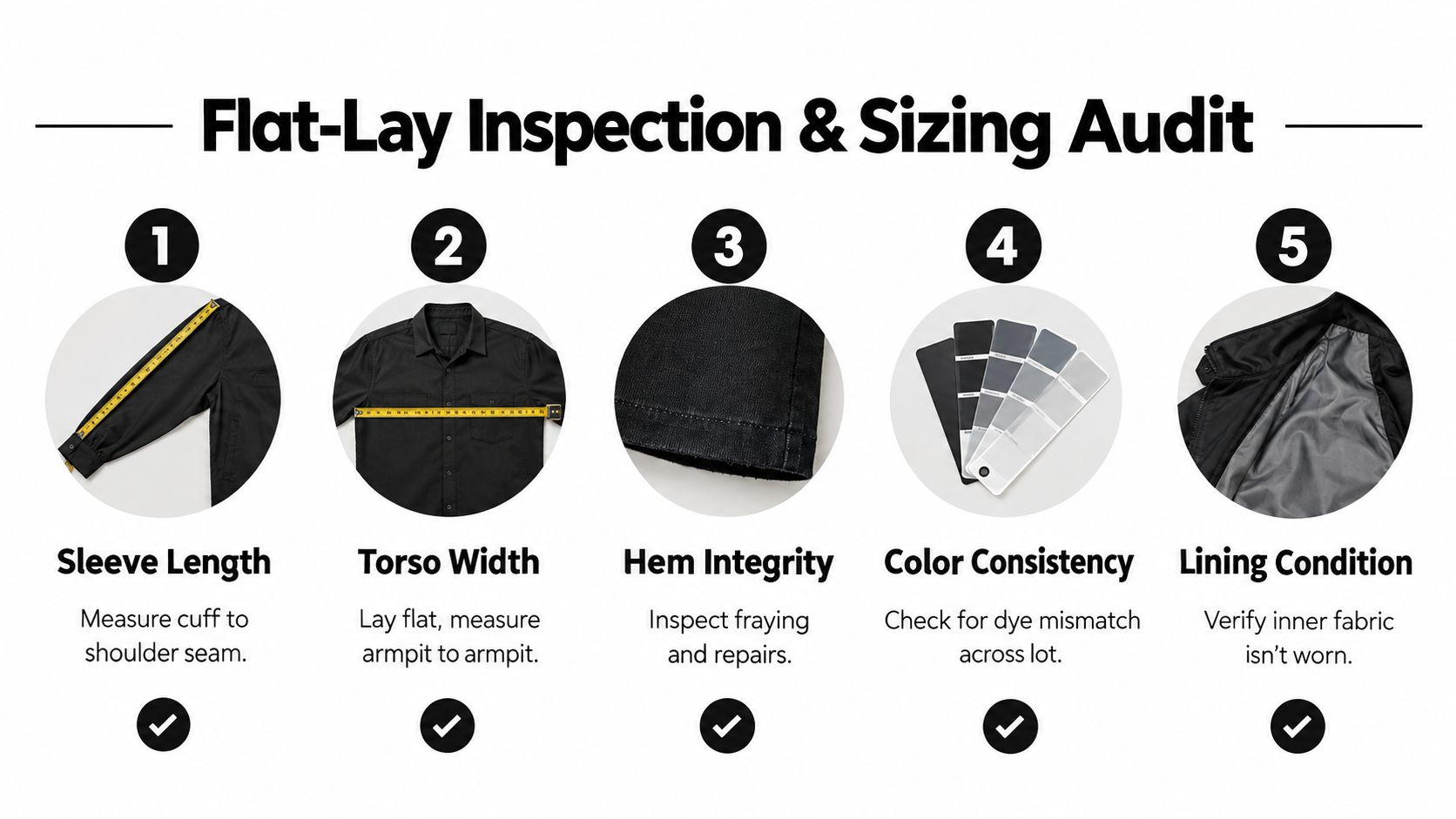 A five-step flat-lay inspection and sizing audit process for professional garment quality control and measurement.