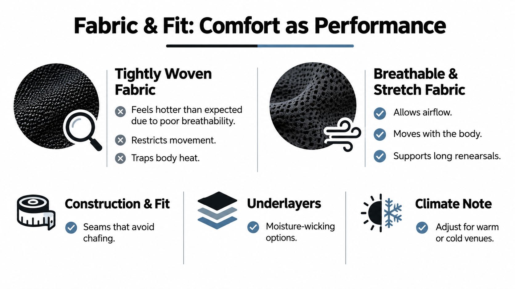 A graphic comparing fabric types and fit for comfort during performances, highlighting breathability and construction details.