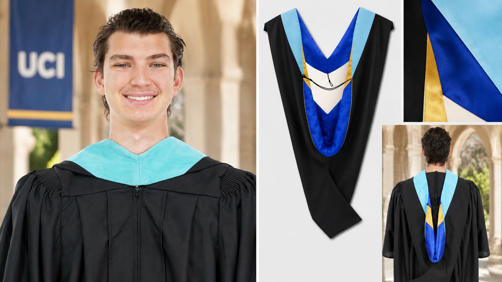 Deluxe Bachelor/Master Hood - Light Blue Velvet, Royal Blue & Golden Yellow