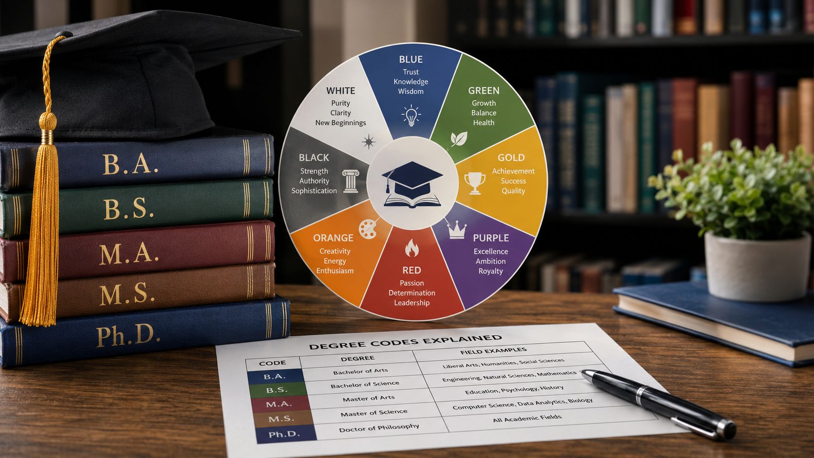 A stack of books with degree titles, a color-coded academic chart, and a pen on a desk.