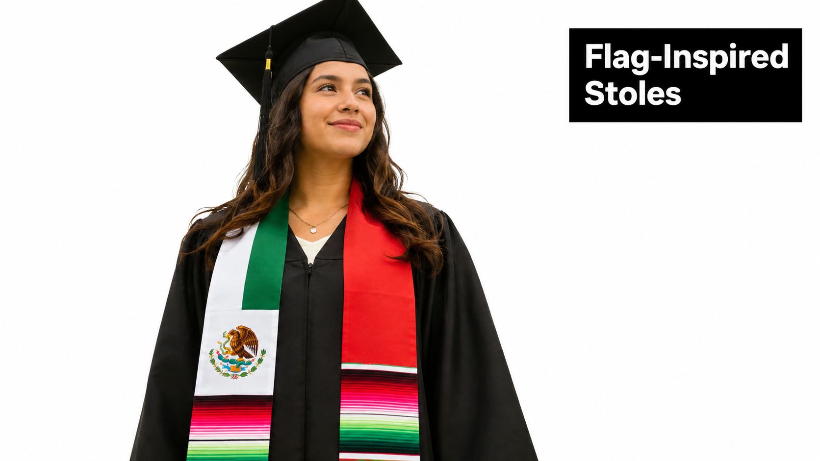 A smiling graduate wearing a black cap and gown with a colorful Mexican flag-inspired graduation stole.
