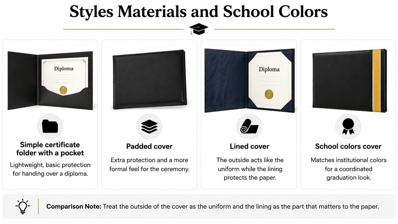 A visual guide comparing four different styles of graduation diploma covers and their unique features.