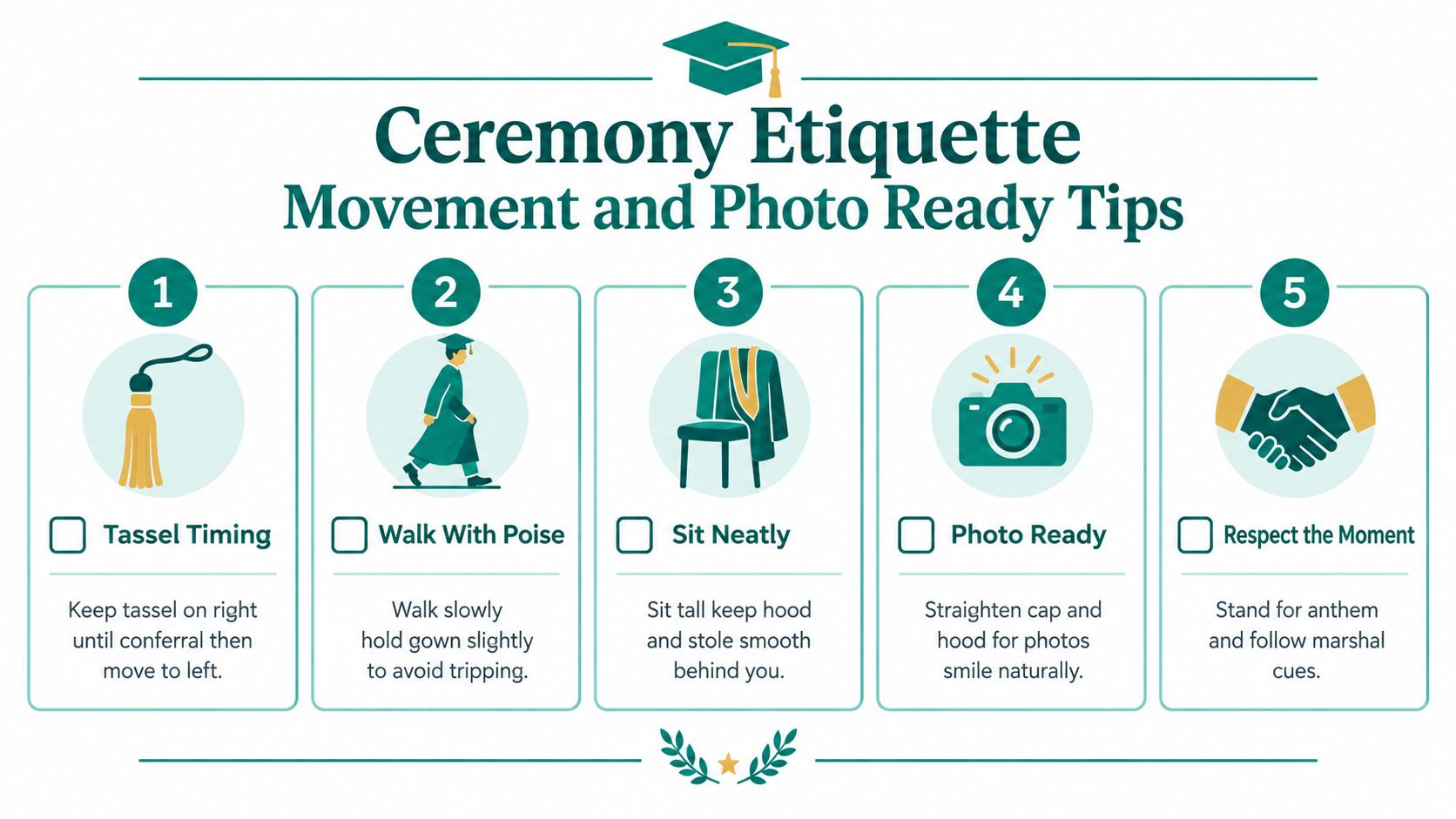 A five-step guide on ceremony etiquette, movement, and tips for being photo ready at graduation.