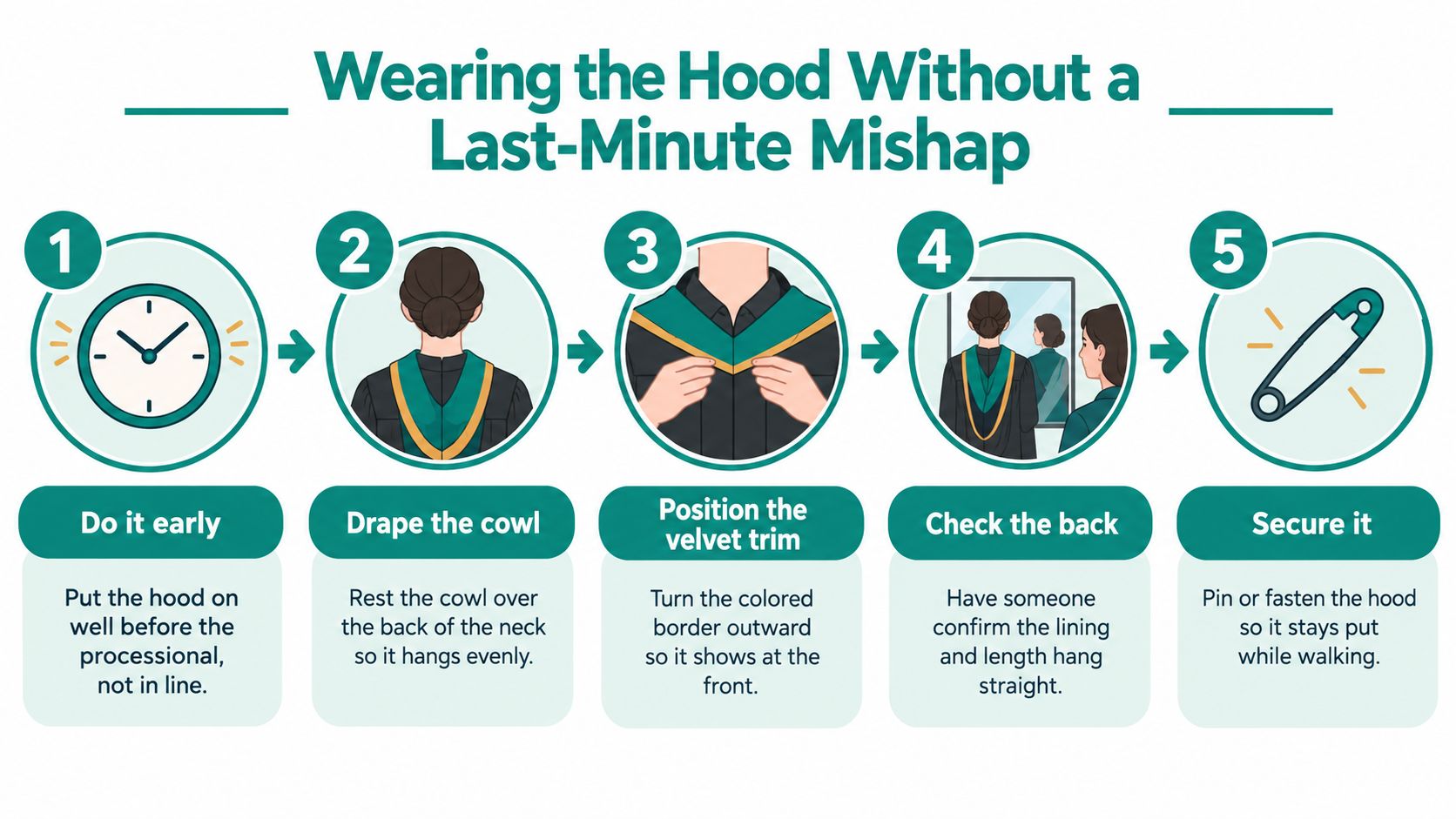 A five-step infographic showing how to correctly wear and secure a graduation hood before the ceremony.