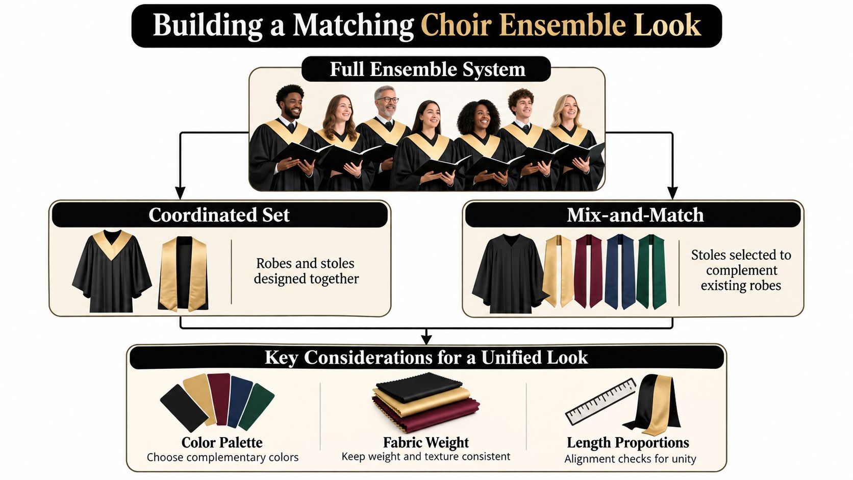A diagram illustrating how to build a matching choir ensemble look with robes and stoles.