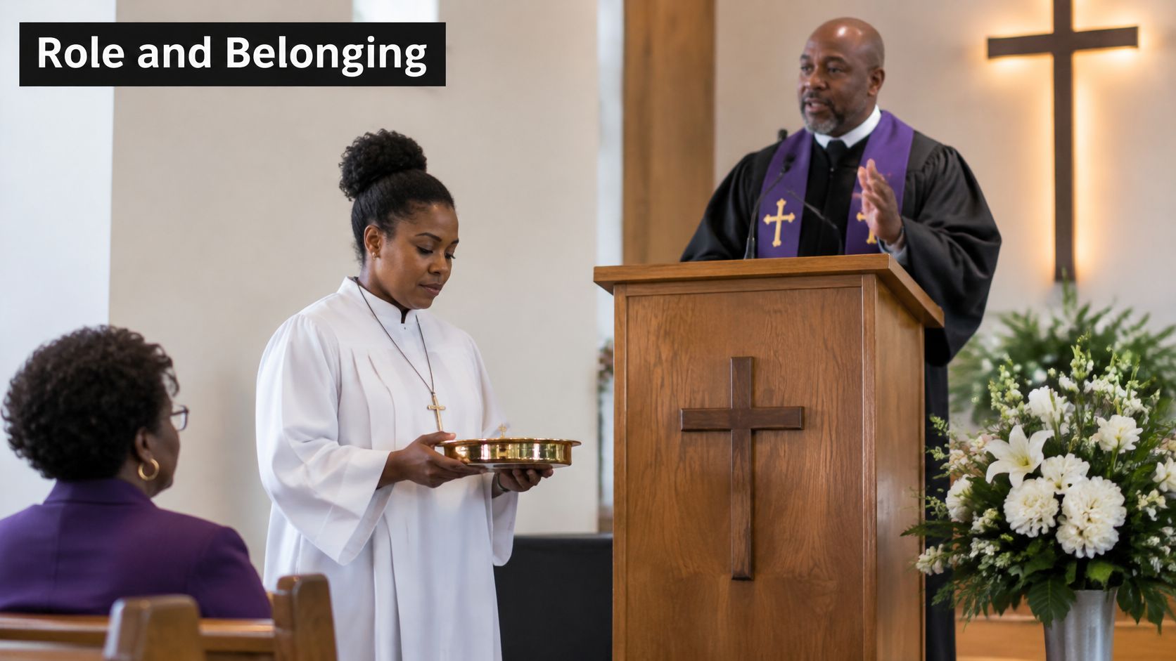 A minister preaching at a wooden pulpit while a woman in church robes holds a communion plate.